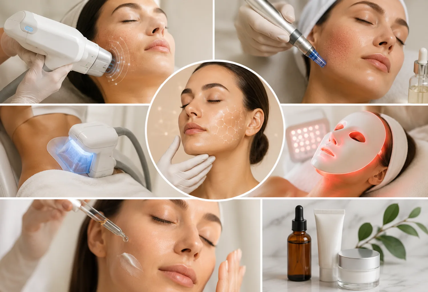 Collage de tratamientos combinados de estética avanzada con radiofrecuencia, microneedling, LED, aparatología corporal y cosmética profesional en un entorno clínico.