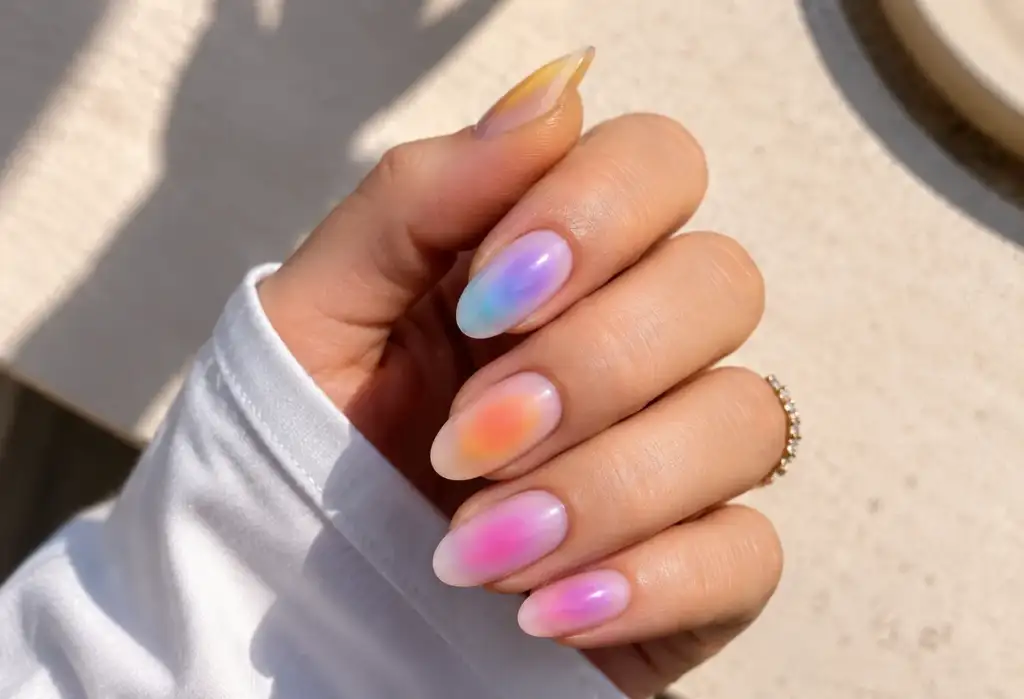 Uñas Aura con efecto halo de luz en tonos pastel Primer plano de una manicura Aura con uñas almendradas de acabado brillante y efecto halo de luz en tonos pastel degradados sobre una base translúcida.