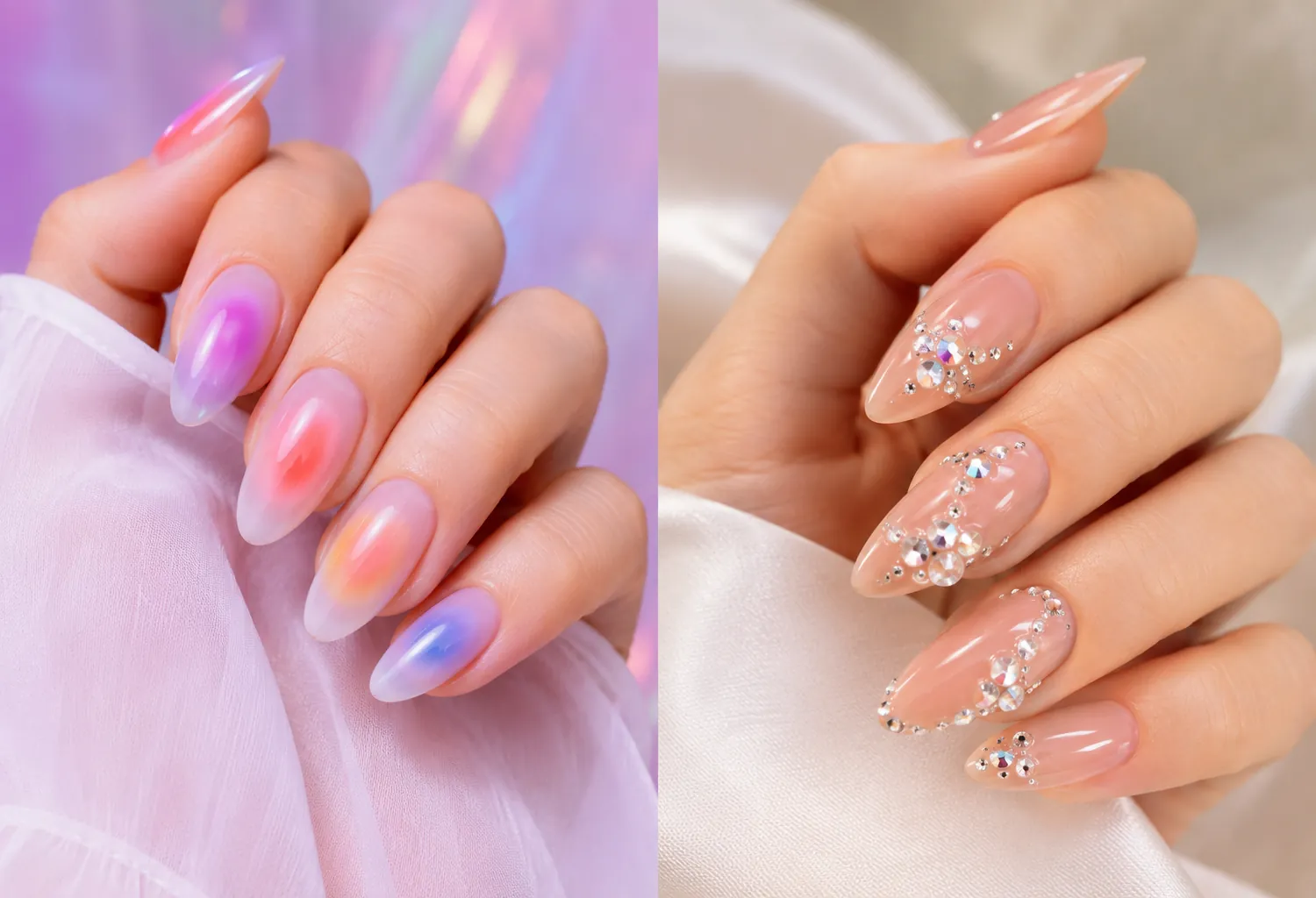 Diseño de uñas almendradas con efecto ombré en tonos pastel y decoración con cristales brillantes, tendencia de manicura elegante.