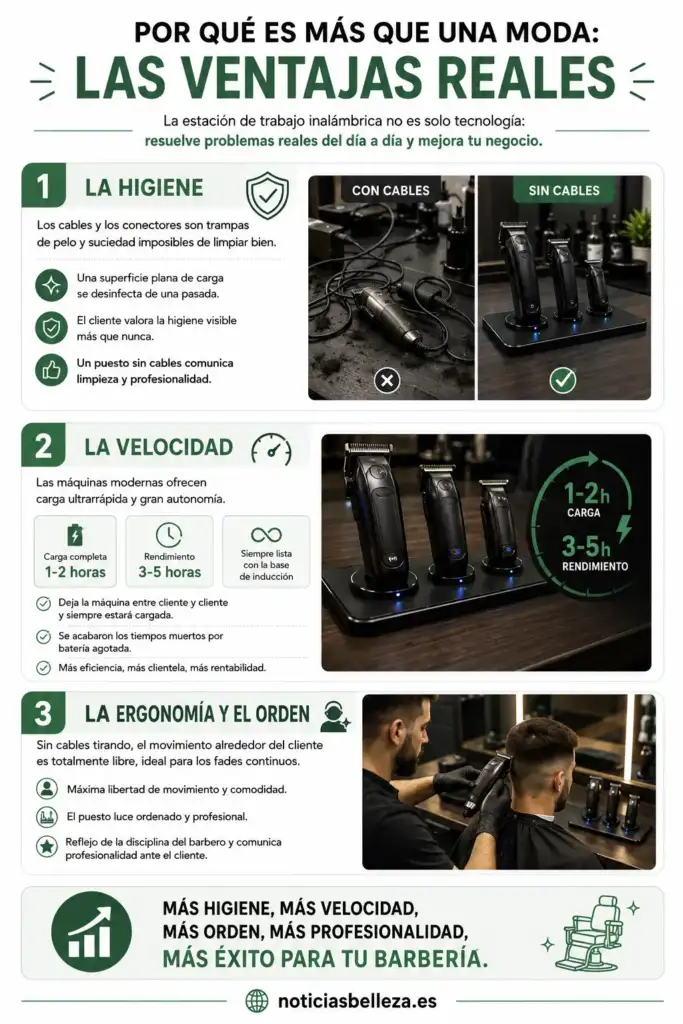 Ventajas de las estaciones de trabajo inalámbricas en barbería Infografía sobre las ventajas de las estaciones de trabajo inalámbricas en barbería, destacando higiene, velocidad, ergonomía y orden.
