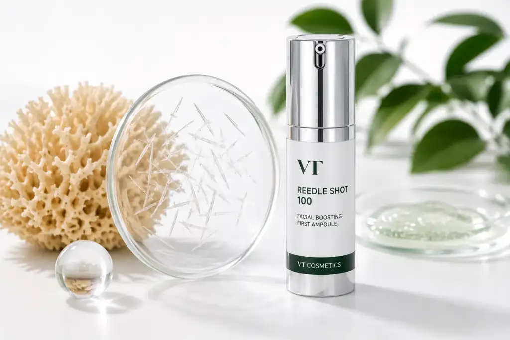 Tecnología de espículas naturales en cosmética coreana Sérum VT Reedle Shot 100 junto a espículas naturales de esponja marina en laboratorio cosmético, representando la tecnología de microagujas naturales utilizada en la cosmética coreana.