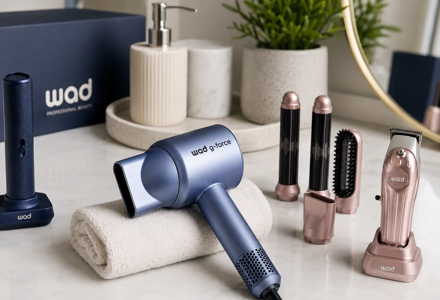 Herramientas profesionales WAD para peluquería y barbería, incluyendo secador, cortapelos, moldeadores y accesorios de peinado.