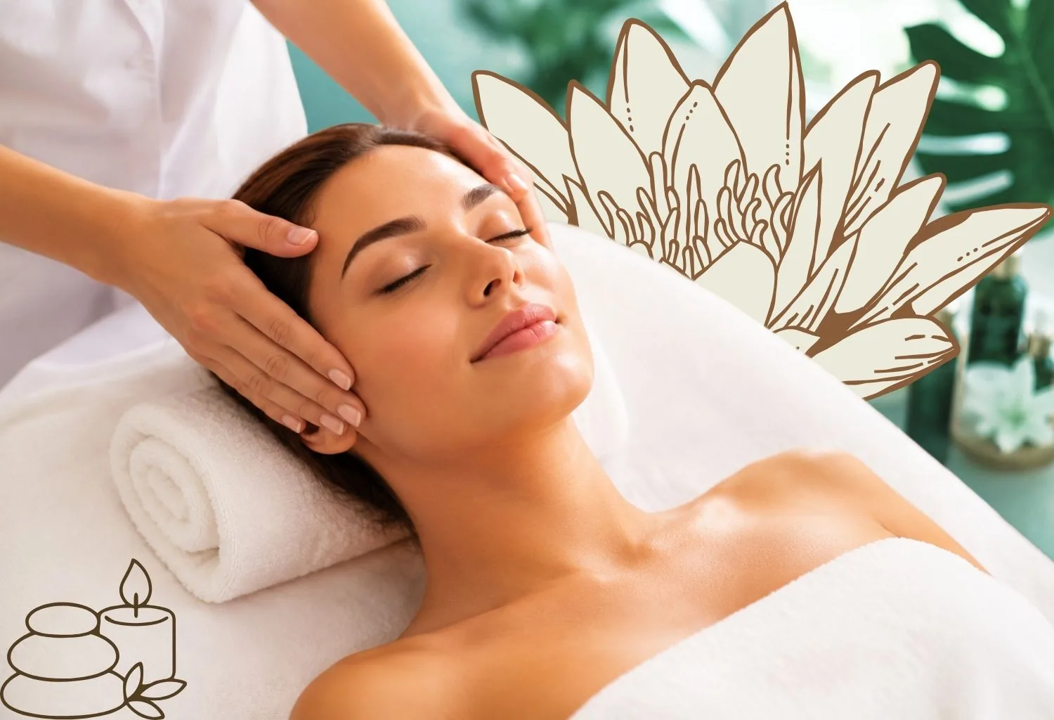 Tratamiento facial wellness en un centro de estética con ambiente relajante, elementos naturales y símbolos de bienestar.