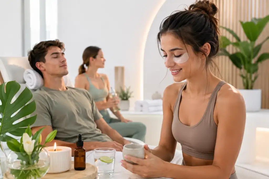 Generación Z y Millennials impulsan el wellness en estética Jóvenes consumidores disfrutando de una experiencia wellness en un entorno de estética moderna con tratamientos faciales y autocuidado.