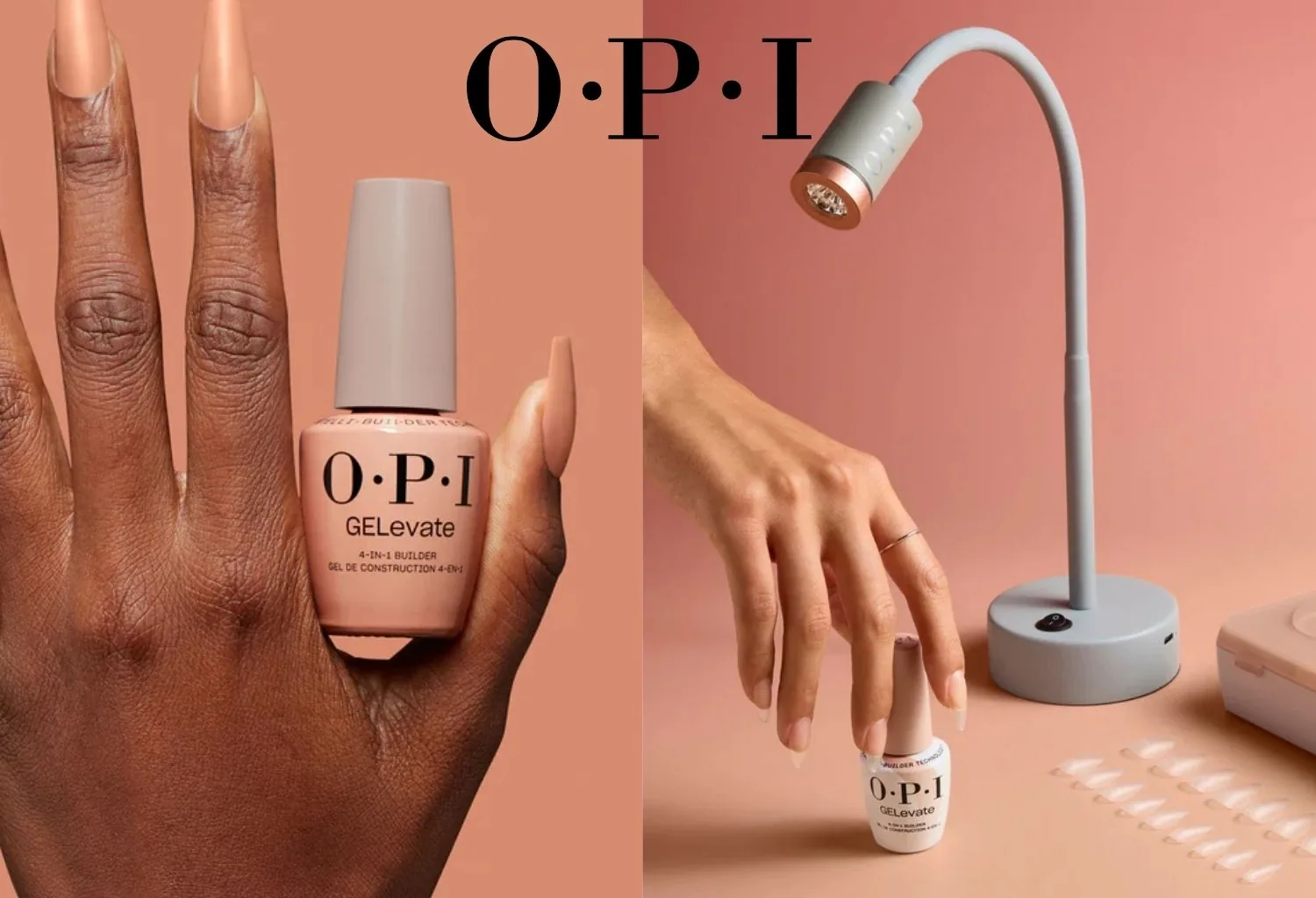 OPI GELevate junto a una lámpara LED profesional utilizada para el curado rápido del builder gel en manicura.