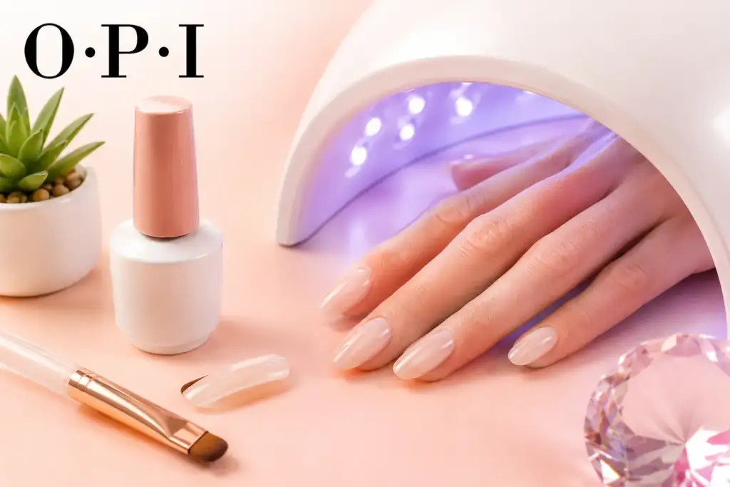 Curado rápido con lámpara LED UV de OPI GELevate Mano con uñas tratadas con gel constructor OPI GELevate durante el curado bajo una lámpara LED UV de manicura.