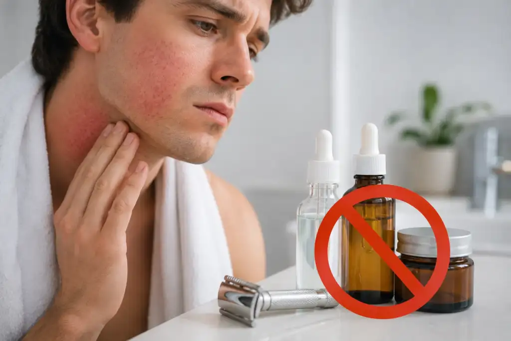 Ácidos y retinoides después del afeitado: activos que debes evitar Hombre con la piel irritada después del afeitado junto a productos cosméticos con ácidos y retinoides que conviene evitar