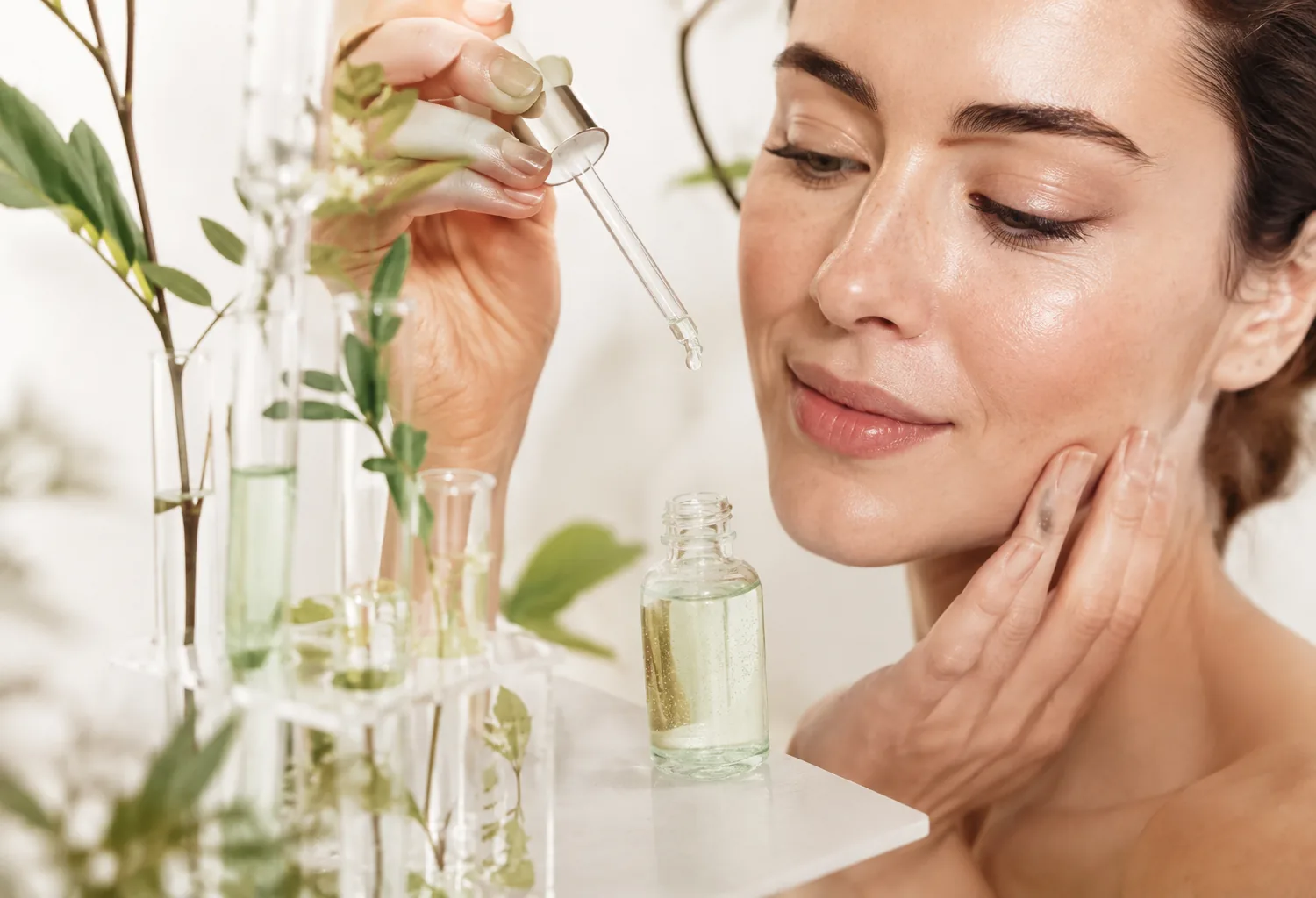 Mujer aplicando un sérum facial junto a material de laboratorio cosmético que representa la tecnología de los activos biomiméticos para el cuidado de la piel.