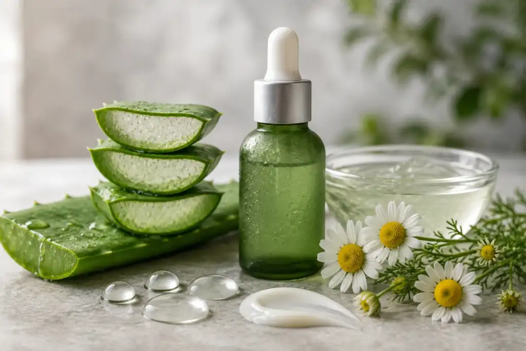 Activos calmantes para cuidar la piel después del afeitado Aloe vera, manzanilla y productos cosméticos calmantes para cuidar la piel después del afeitado