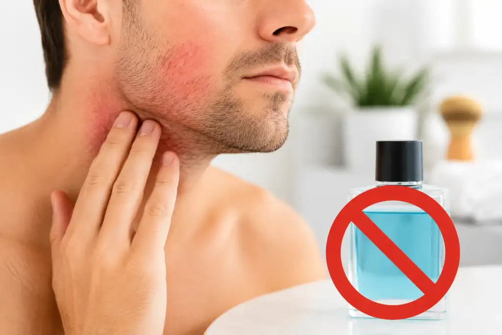 Activos que debes evitar después del afeitado Hombre con irritación en la piel después del afeitado junto a un aftershave que debe evitar