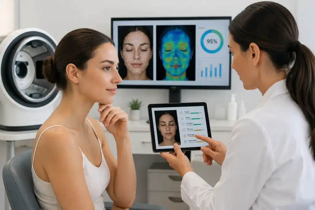 Fiabilidad del análisis de piel con inteligencia artificial Profesional analiza la piel de una clienta con inteligencia artificial y muestra una fiabilidad del 95 %