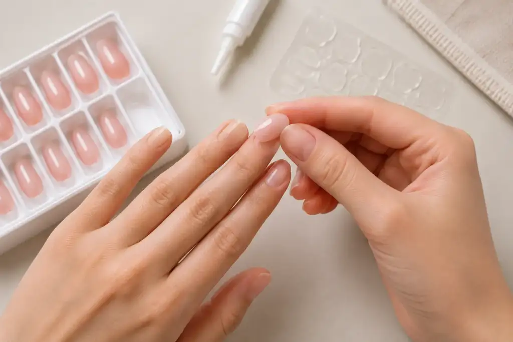 Aplicación de una uña press-on junto a un kit de uñas postizas y pestañas adhesivas