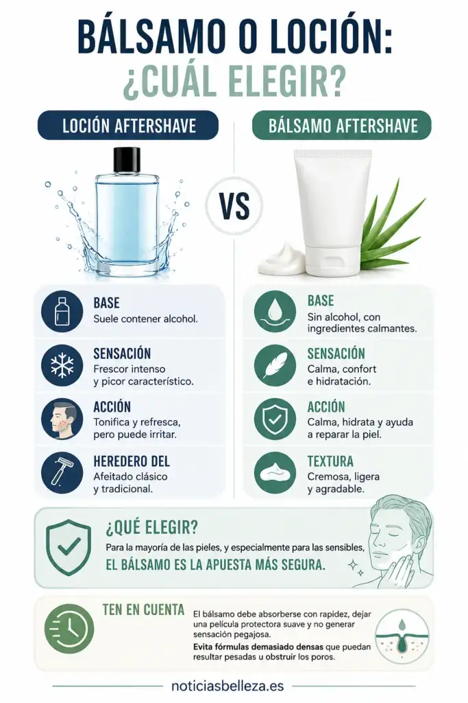Bálsamo o loción aftershave: cuál elegir después del afeitado Infografía comparativa entre bálsamo y loción aftershave para elegir el cuidado adecuado después del afeitado