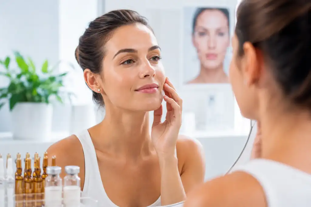 Banking de colágeno y bioestimulación de la piel Mujer observando su piel en el espejo junto a ampollas utilizadas en tratamientos de bioestimulación de colágeno