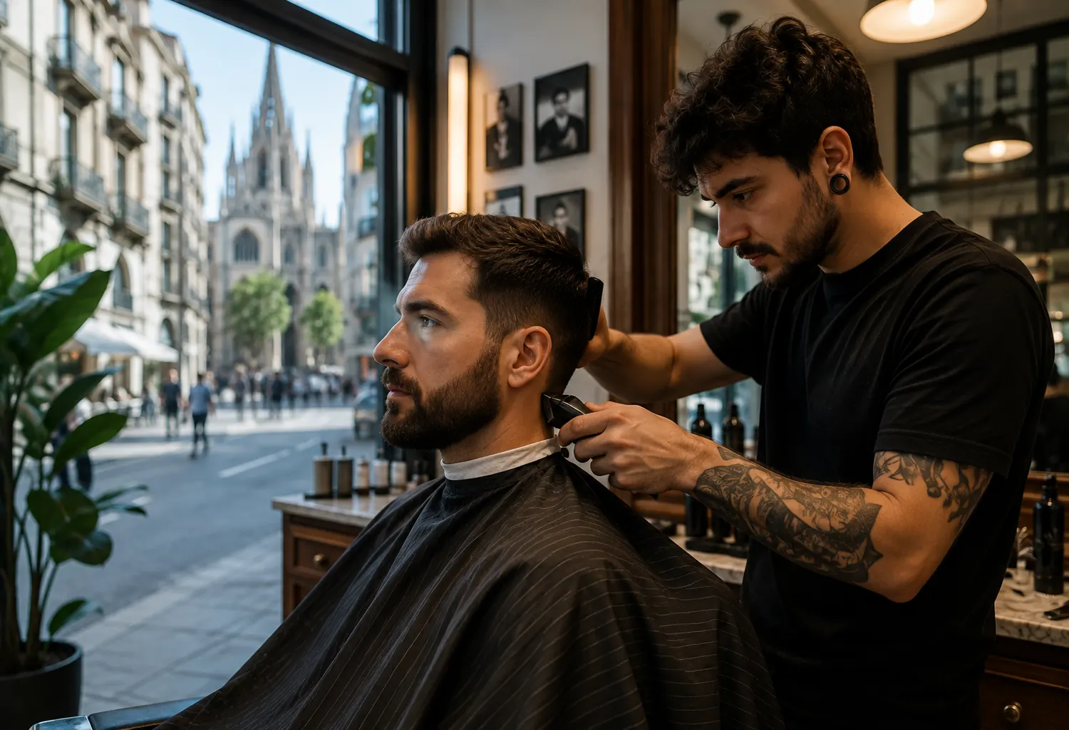 Barbero realizando un corte de pelo a un cliente en una barbería de Barcelona