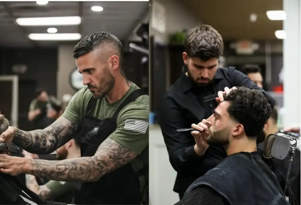 Barberos realizando cortes de cabello en un salón profesional Dos barberos trabajando en clientes dentro de una barbería profesional mientras realizan cortes de cabello y perfilado de barba.