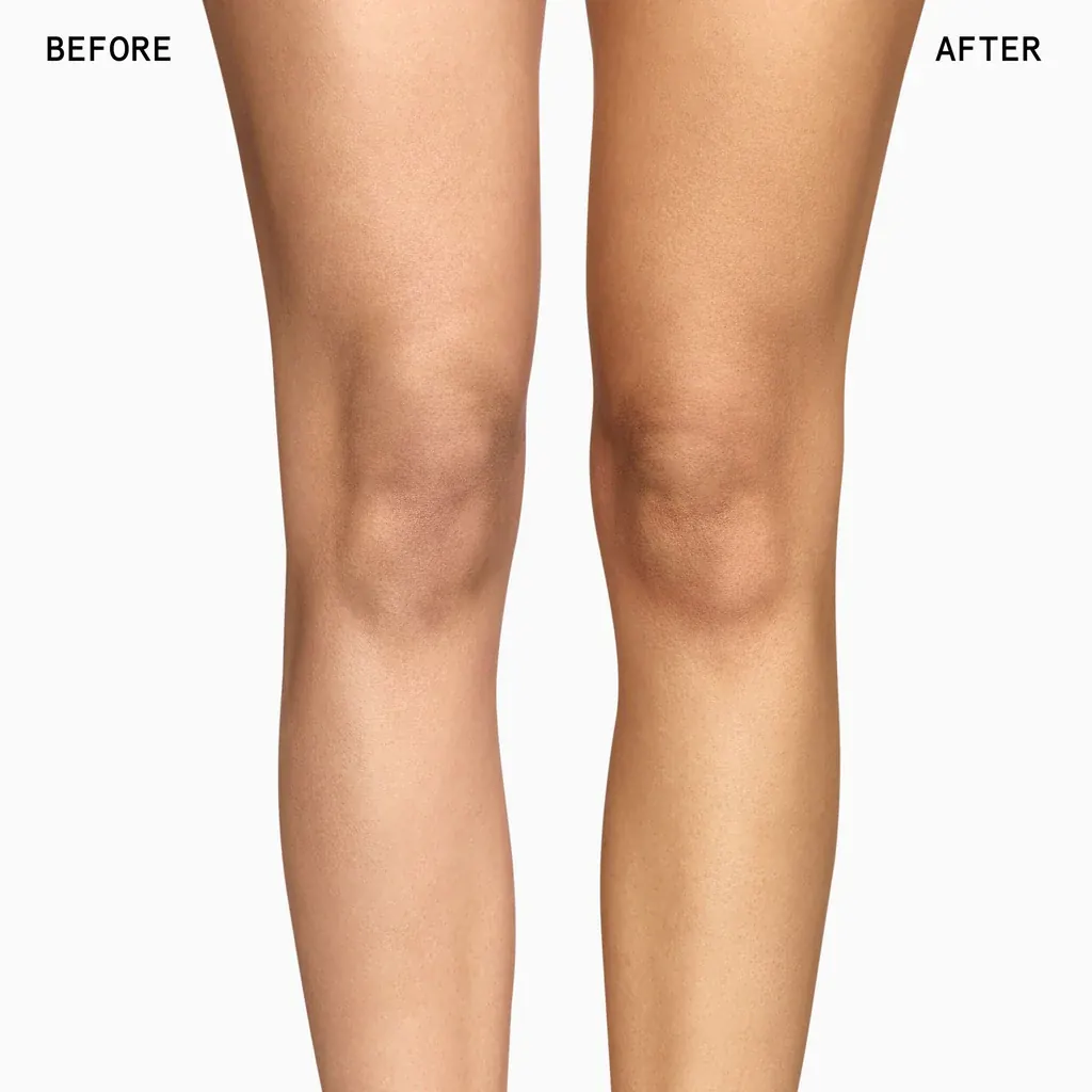 Beauty Pie Nice Legs: comparación antes y después del efecto blur Comparativa antes y después del uso de Beauty Pie Nice Legs Tinted Super Blur Body Lotion en las piernas, mostrando un tono más uniforme y un acabado difuminado.