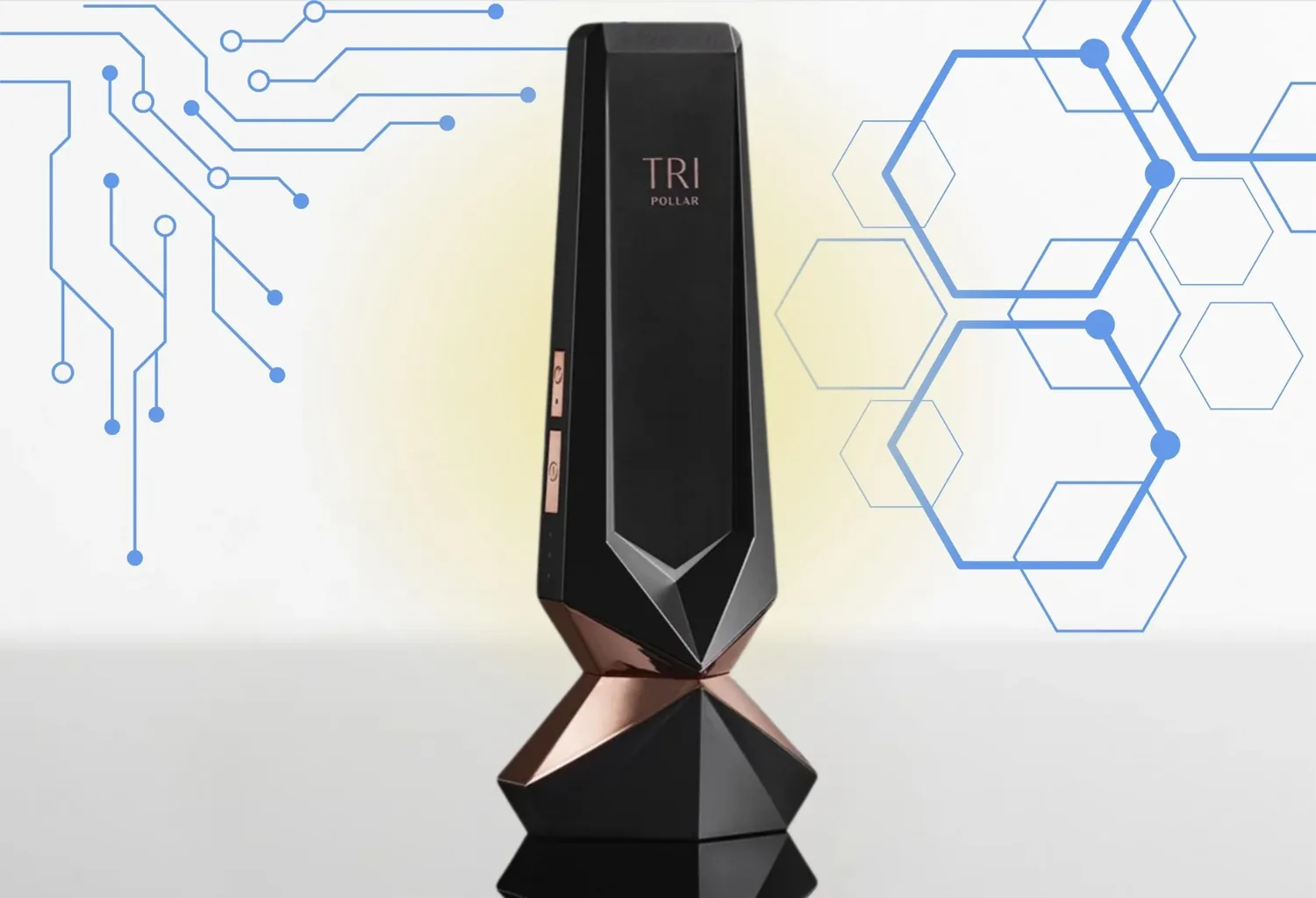 Dispositivo de beauty-tech para tratamientos estéticos junto a elementos gráficos que representan tecnología e innovación