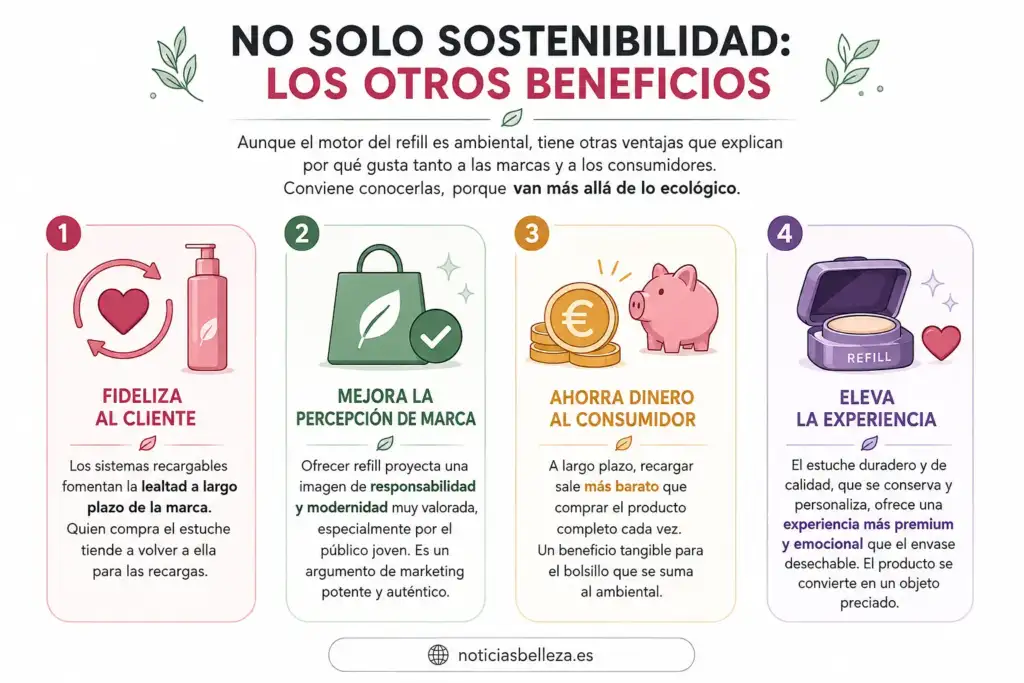 Infografía sobre los beneficios de los sistemas refill en cosmética: fidelización, ahorro y experiencia premium