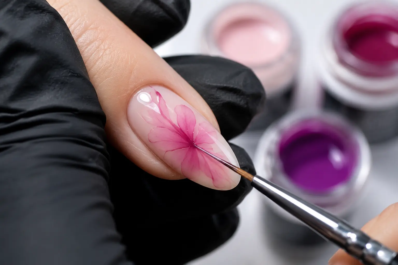 Manicurista realizando un diseño floral con blooming gel en tonos rosas sobre una uña