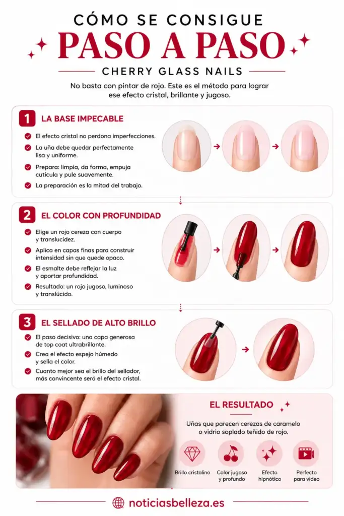Cómo conseguir las Cherry Glass Nails paso a paso Infografía paso a paso para conseguir unas Cherry Glass Nails con efecto cristal rojo cereza y acabado ultrabrillante.