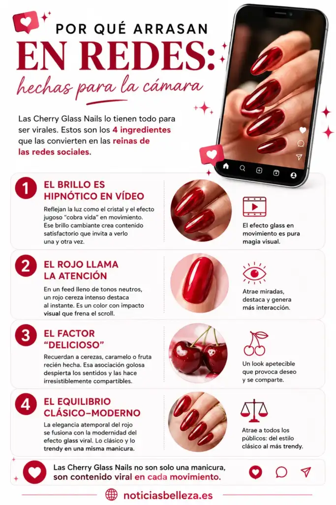 Por qué las Cherry Glass Nails arrasan en redes sociales Infografía sobre las razones por las que las Cherry Glass Nails de color rojo cereza y efecto cristal se han convertido en tendencia en redes sociales.