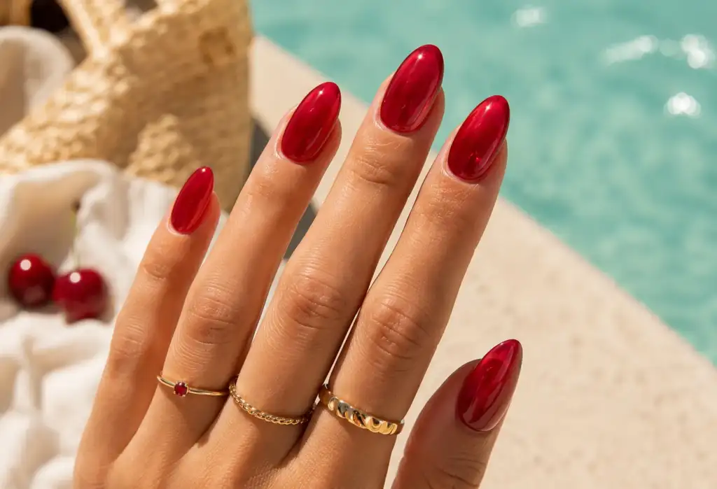 Cherry Glass Nails: manicura rojo cereza para verano Manicura Cherry Glass Nails rojo cereza con acabado cristal junto a una piscina