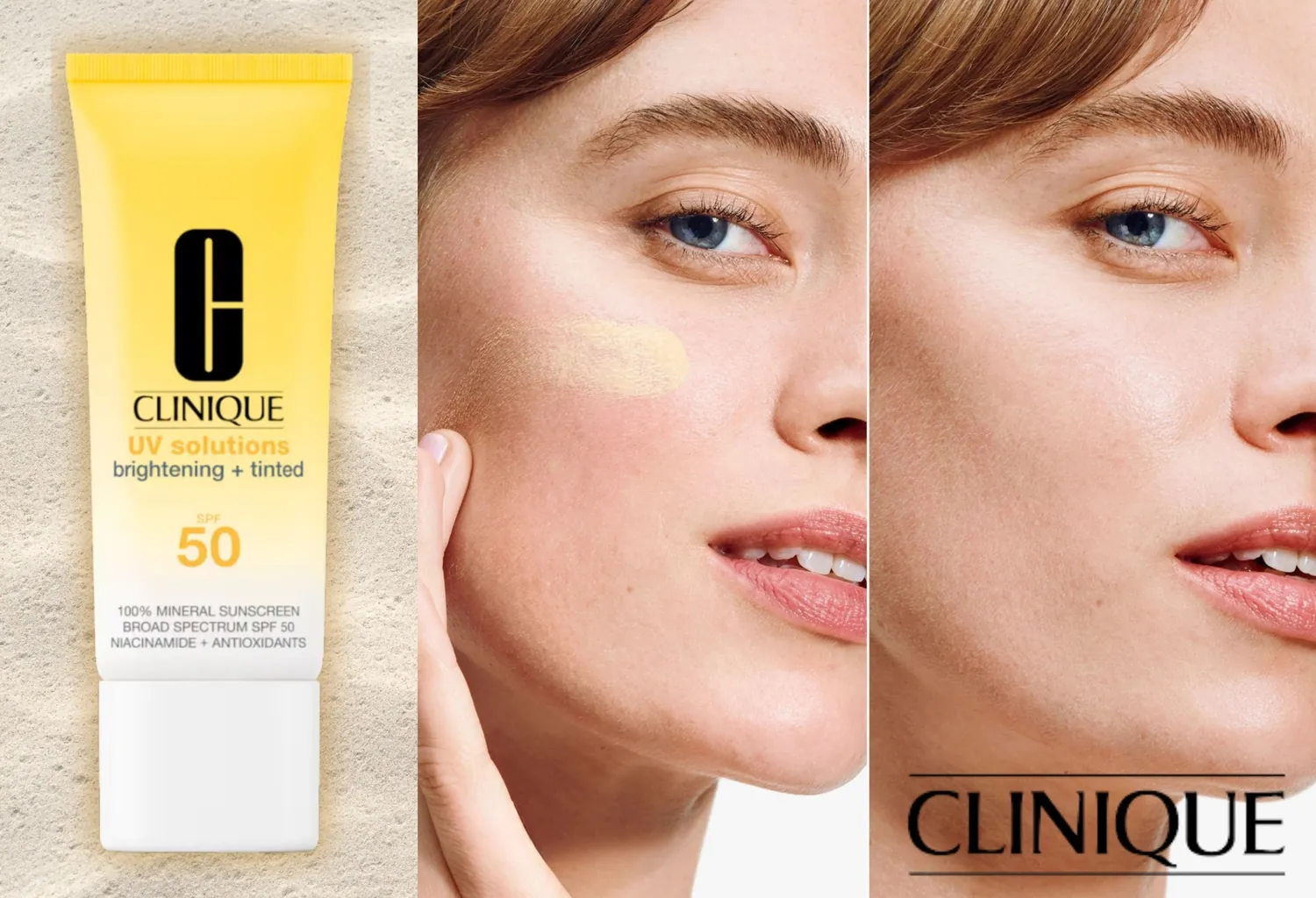 Clinique UV Solutions SPF 50 con color junto a comparación del acabado sobre la piel