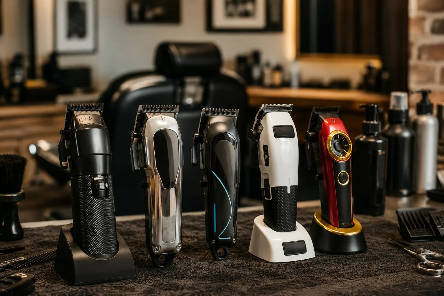 Varias clippers profesionales de barbería con diferentes diseños y características sobre una estación de trabajo