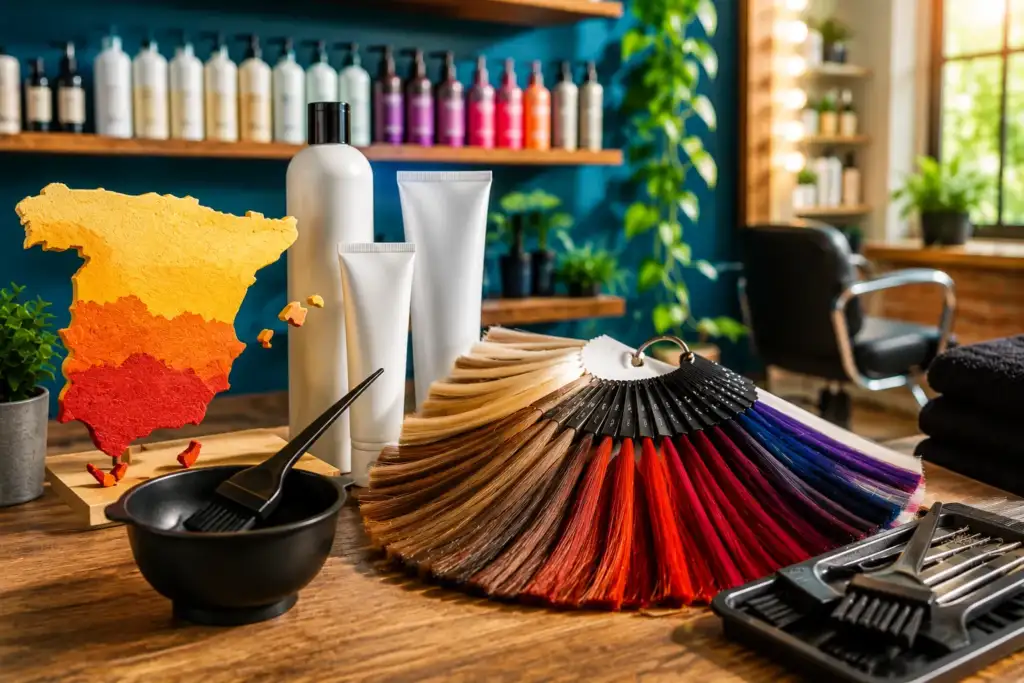 Coloración profesional española con carta de colores y productos de peluquería