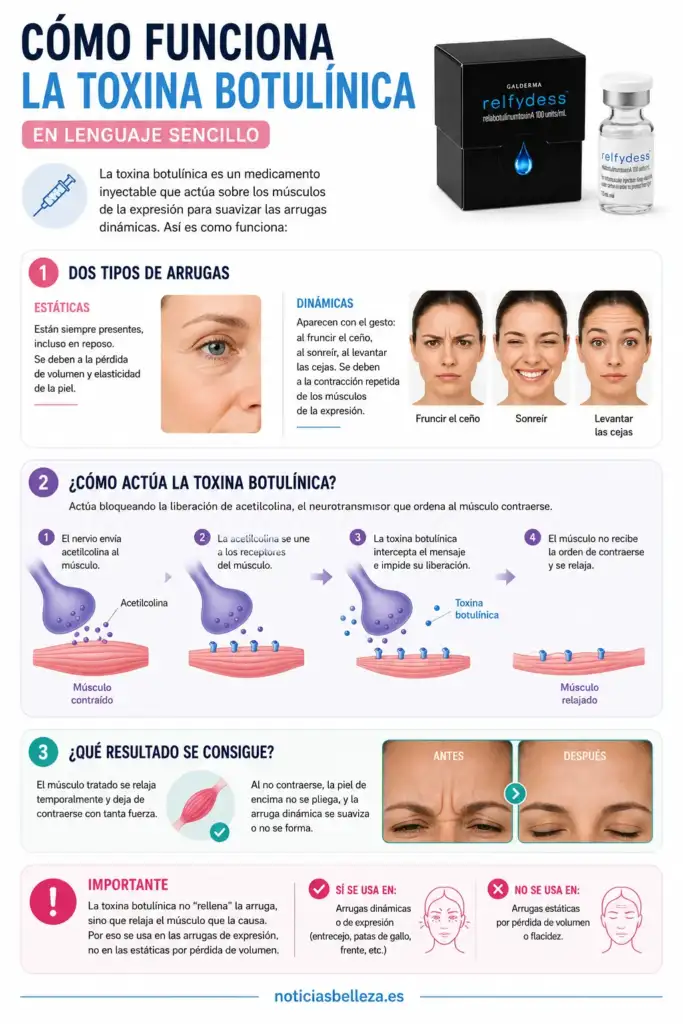 Cómo funciona la toxina botulínica: mecanismo de acción explicado Infografía sobre cómo funciona la toxina botulínica para relajar los músculos y suavizar las arrugas dinámicas