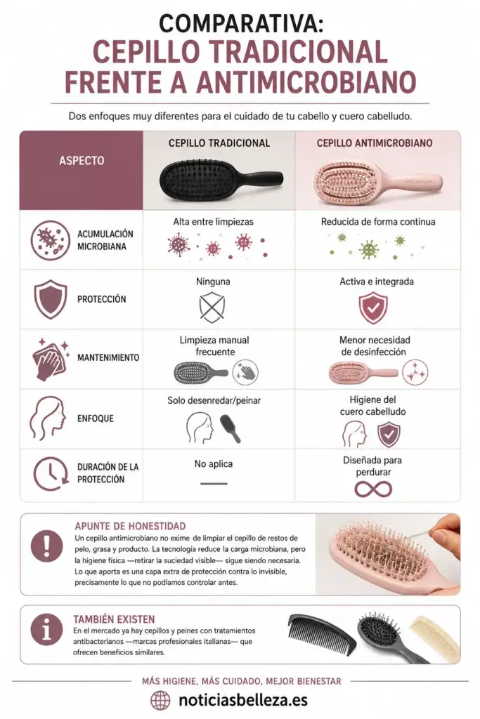 Comparativa entre cepillo tradicional y cepillo antimicrobiano Comparativa entre un cepillo tradicional y un cepillo antimicrobiano KillaBrush para el cuidado del cabello y cuero cabelludo