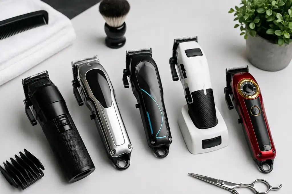 Comparativa de clippers profesionales de barbería en 2026 Selección de clippers profesionales de distintos diseños para comparar máquinas de barbería en 2026