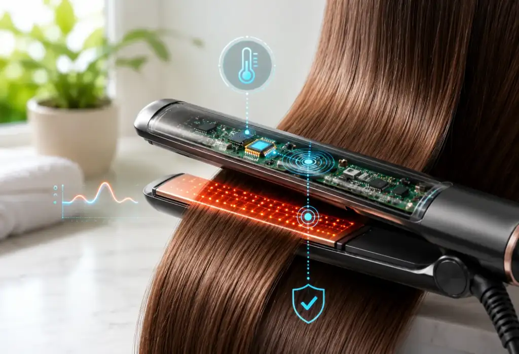 Plancha de pelo inteligente con sensores que monitorizan la temperatura en tiempo real para proteger el cabello del daño térmico.