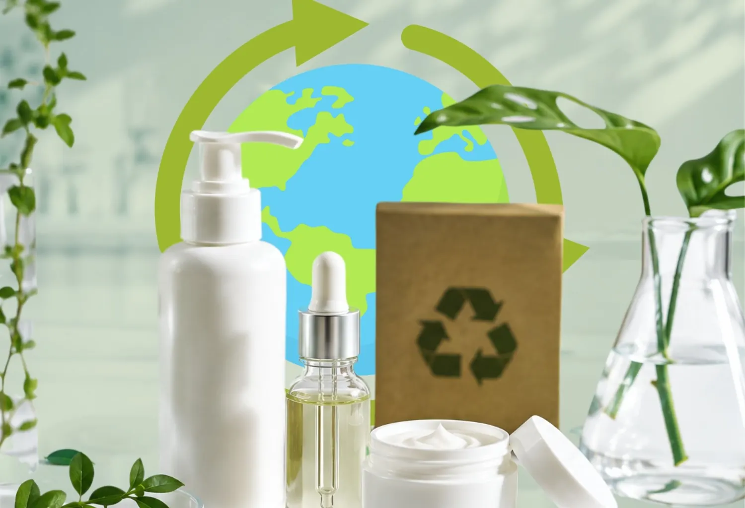 Productos cosméticos sostenibles con envases reciclables y elementos naturales