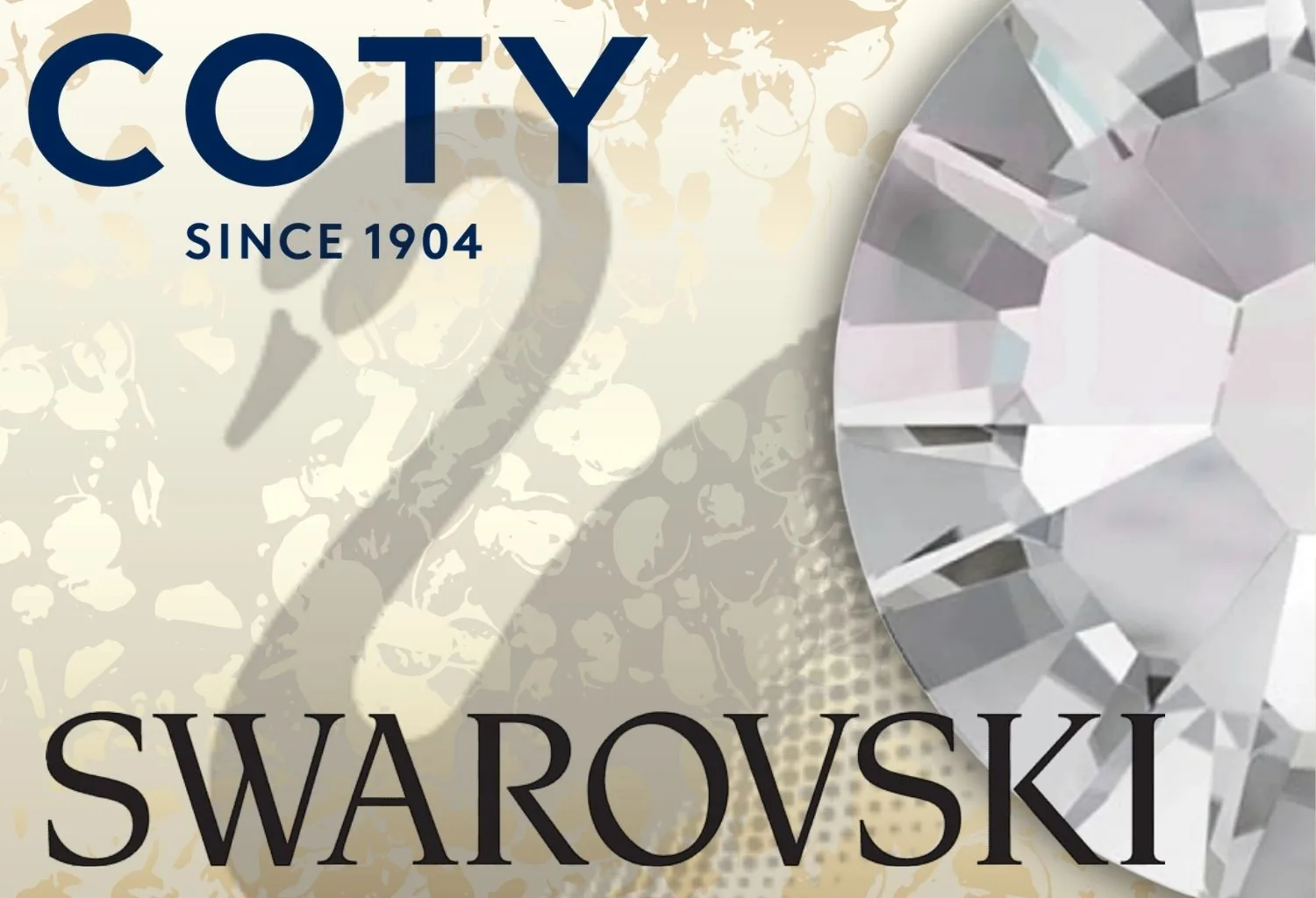 Imagen representativa de la colaboración entre Coty y Swarovski con el logotipo de ambas compañías y un cristal Swarovski.
