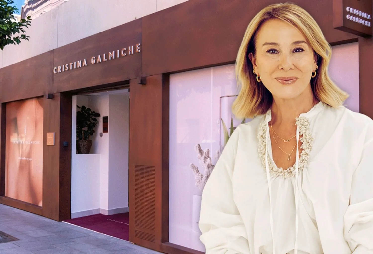 Fachada del centro de estética Cristina Galmiche junto a una imagen de la especialista, en referencia al tratamiento Renovador Epidérmico Corporal con activos marinos y protocolo multifase.