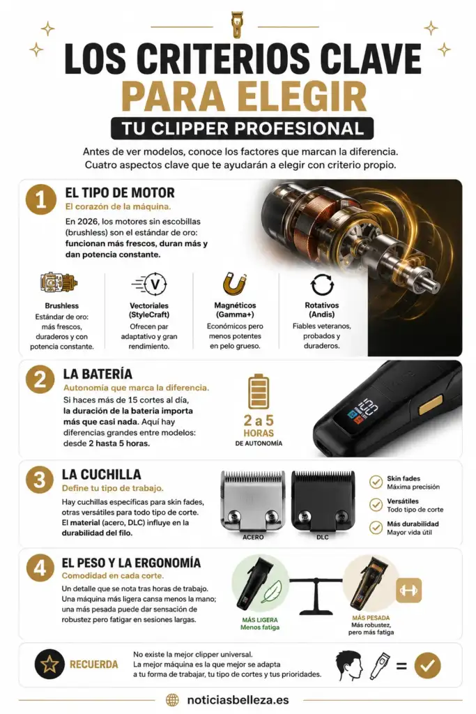 Los criterios clave para elegir una clipper profesional Infografía con los criterios clave para elegir una clipper profesional: motor, batería, cuchilla, peso y ergonomía.