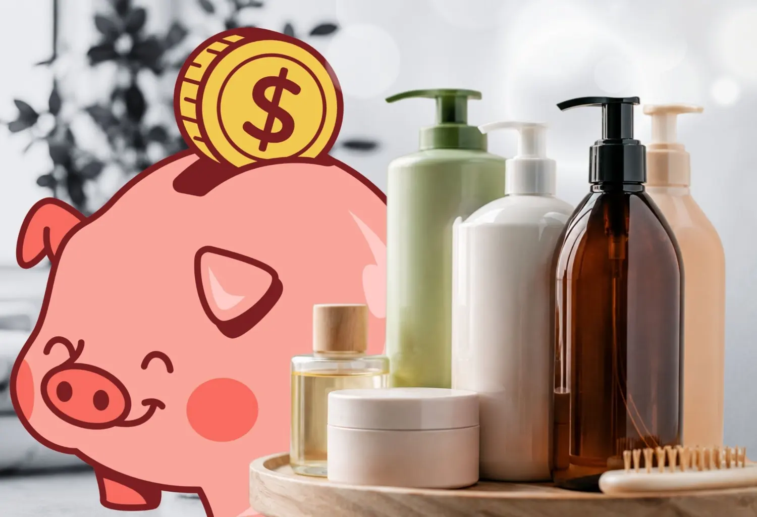 Productos de cuidado capilar asequibles junto a una hucha que representa el ahorro