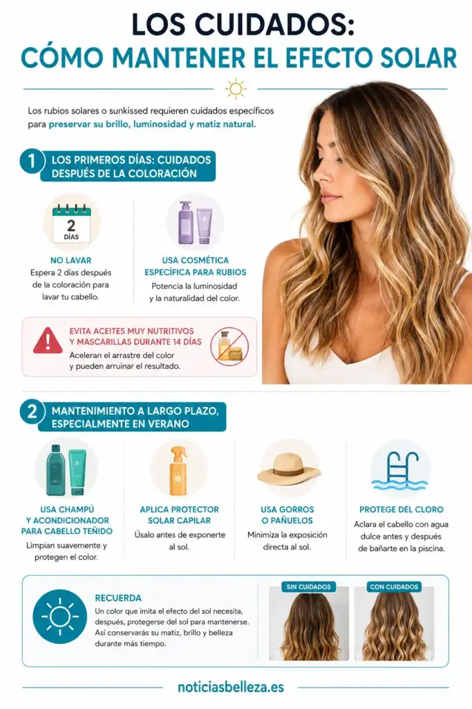 Cómo cuidar el rubio sunkissed y mantener el efecto solar Infografía con cuidados para mantener el rubio sunkissed, proteger el color y conservar su luminosidad y efecto solar.