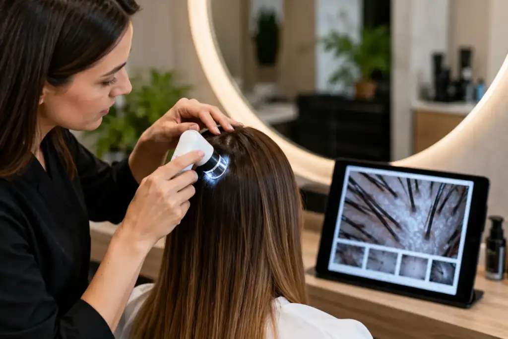 Diagnóstico capilar profesional en salón de peluquería Estilista realizando un diagnóstico capilar profesional del cuero cabelludo con un dispositivo de análisis