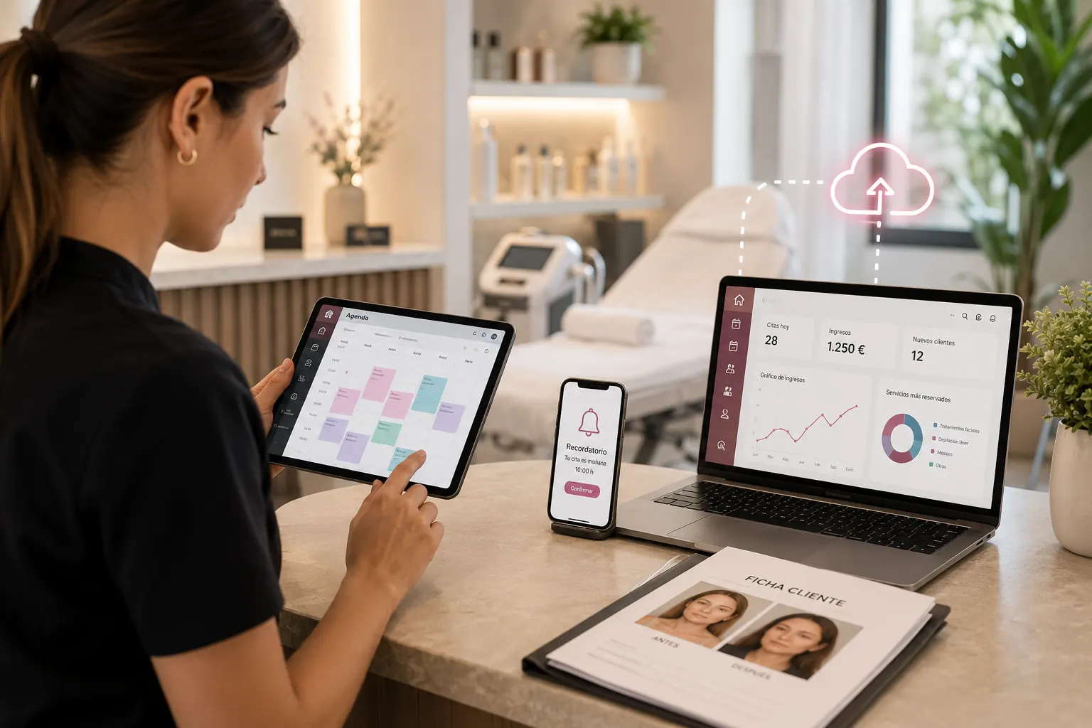 Profesional gestionando un centro de estética digitalizado con agenda online, software de gestión y recordatorios automáticos