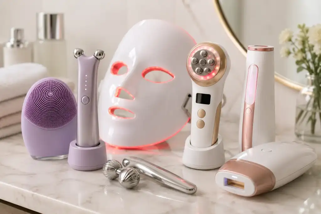 Dispositivos beauty-tech para el cuidado facial en casa Dispositivos beauty-tech domésticos de limpieza sónica, microcorriente, terapia LED y cuidado facial