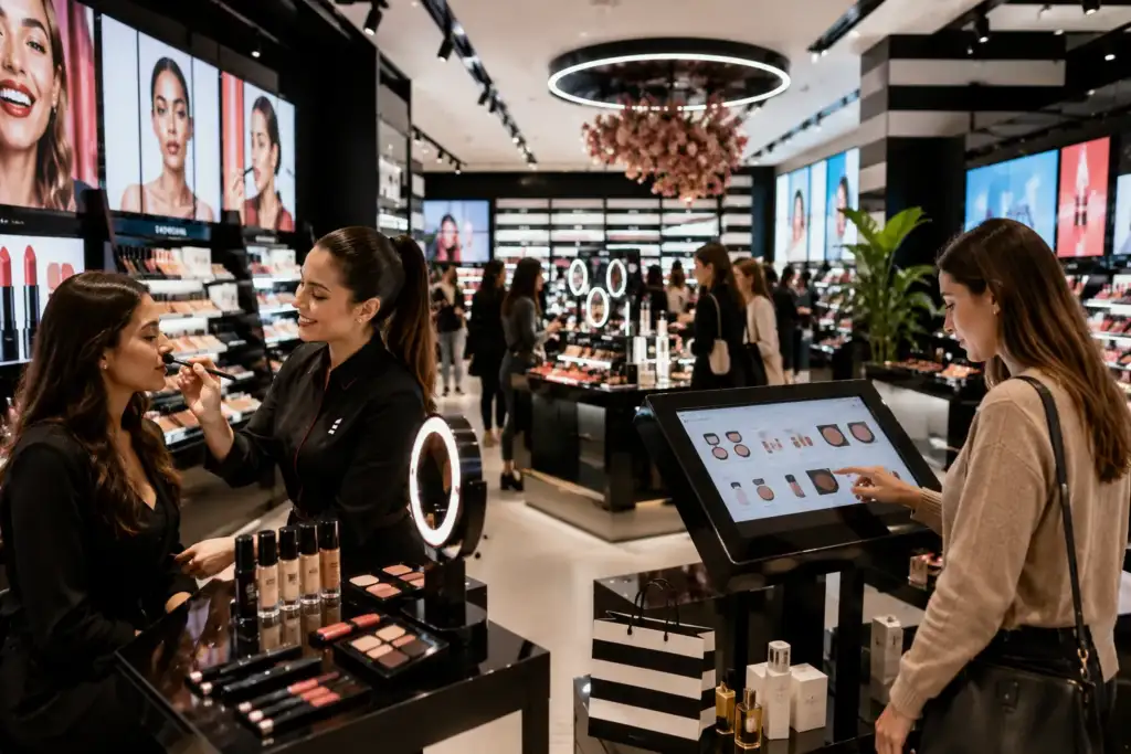 La experiencia física en las tiendas Sephora Experiencia física en una tienda de belleza con asesoramiento de maquillaje, prueba de productos y herramientas digitales interactivas.