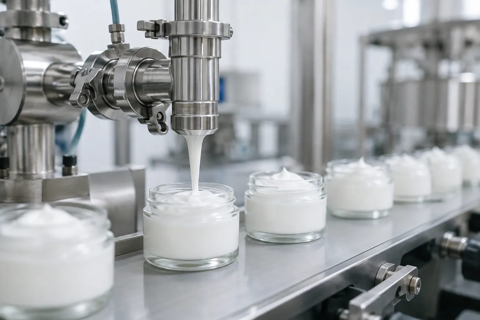 Máquina industrial llenando envases durante la fabricación de cremas cosméticas