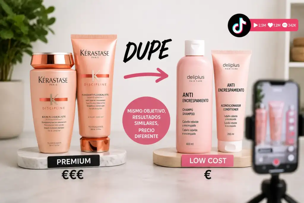 Comparativa entre productos capilares premium y alternativas low cost dentro del fenómeno dupe viral en redes sociales.