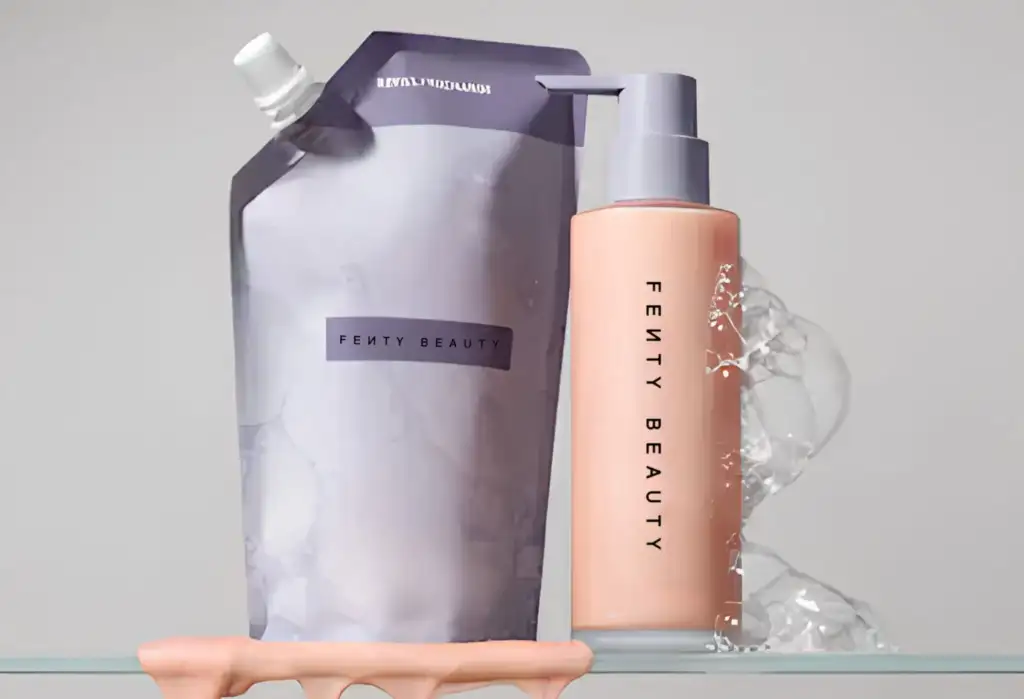 Envase de Fenty Beauty junto a una bolsa de recambio refill como ejemplo de sistema reutilizable en cosmética.