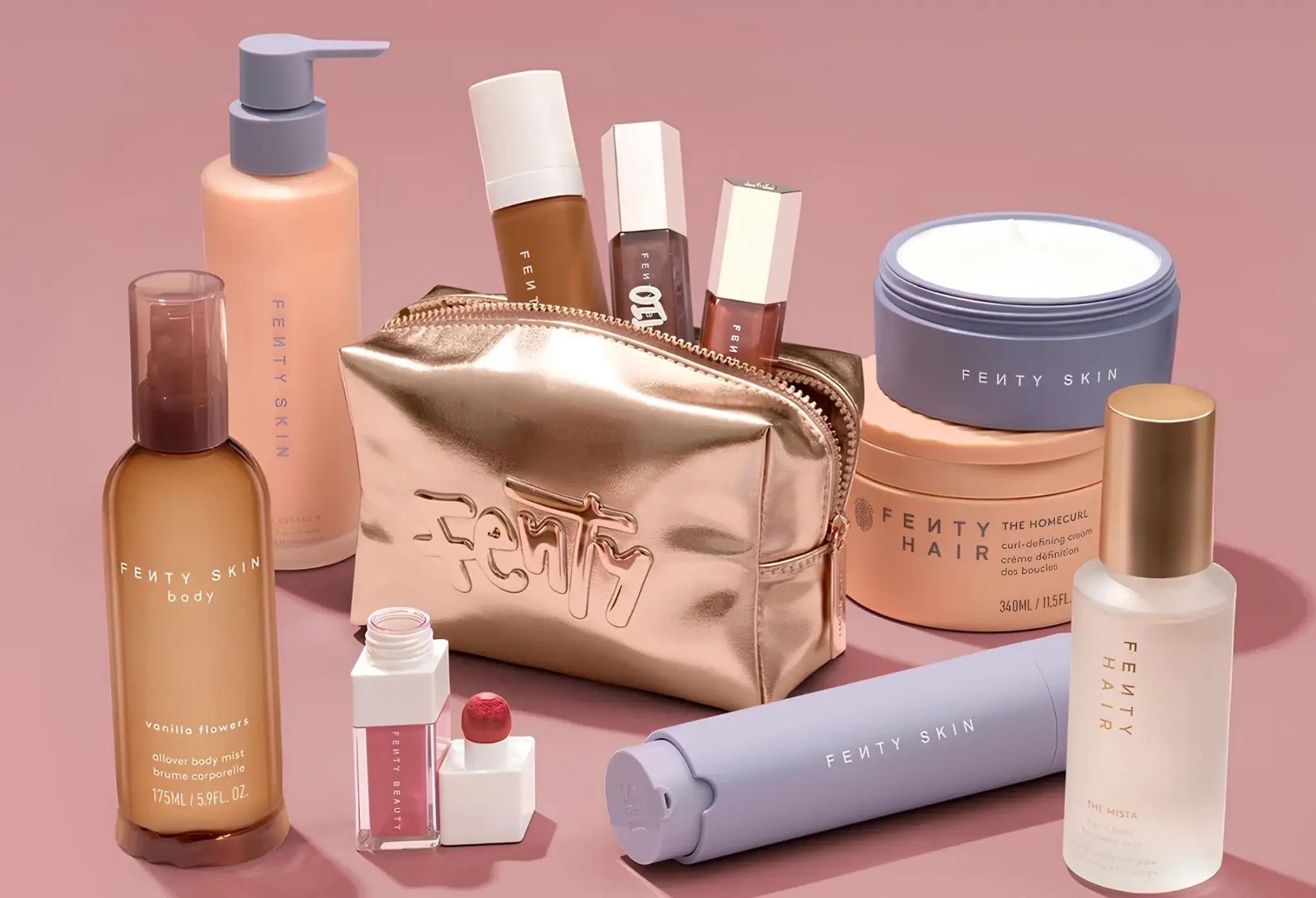 Selección de productos de Fenty Beauty, Fenty Skin y Fenty Hair en tonos rosas y dorados
