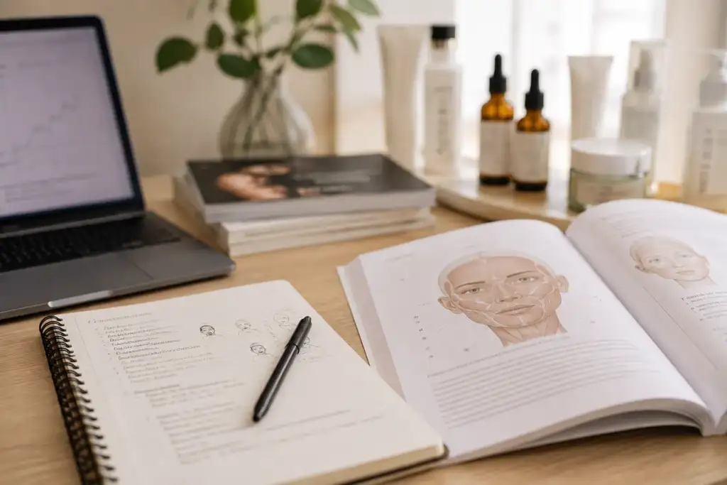 Material de formación en estética profesional con manual de anatomía facial y productos cosméticos