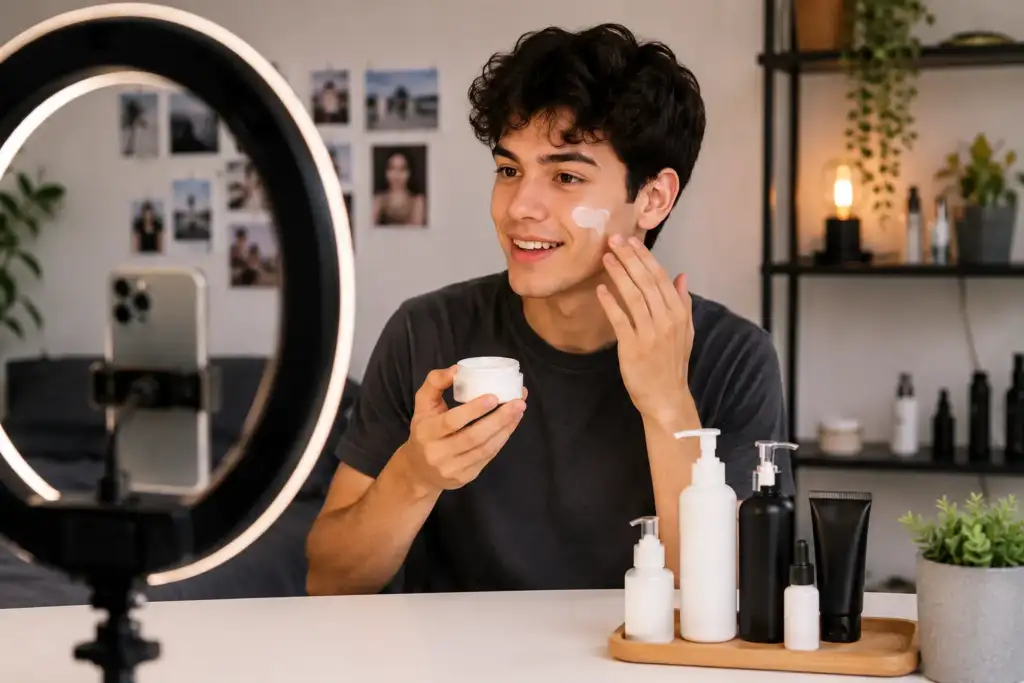 Joven creador de contenido mostrando su rutina de skincare masculino frente a un móvil y un aro de luz